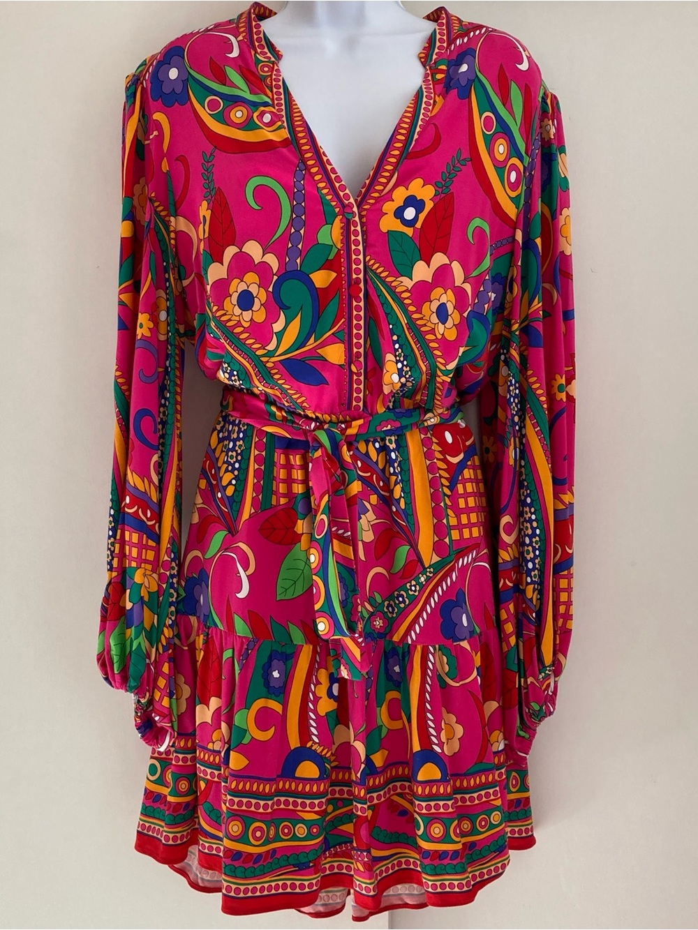 Adrianna Papell Multicolored Retro Inspired Floral Abstract Belted Dress, Sz 16